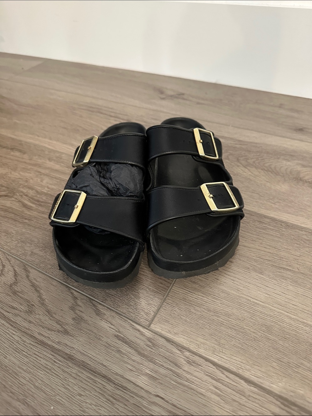 Birkenstock Black Double-Strap Slide Sandals with Gold Buckles